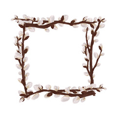 Naklejka premium Hand drawn frame or banner with willow twig. Beautiful floral decoration plants in sketch style for design greeting card, package, textile. Cartoon illustration isolated on white background.