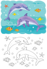 Sea animals. Ocean. Cute dolphins. Illustration for children. Coloring page.  Cute and funny cartoon characters