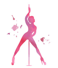 Obraz na płótnie Canvas Vector silhouette pole dance with watercolor texture on a white background. Hand scketch exotic dance vector illustration. Pink isolated clipart for logotype, badge, icon, logo, banner, tag, clothes