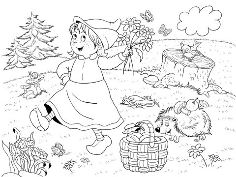 Little Red Riding Hood. Fairy tale. Illustration for children. Coloring page. Coloring book. Cute and funny cartoon characters