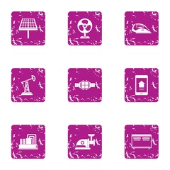 Technological business icons set. Grunge set of 9 technological business vector icons for web isolated on white background