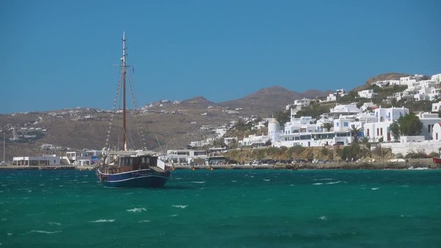 Touristic ship and port of Mykonos (Chora), Greece  