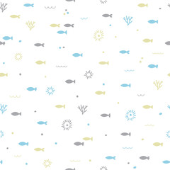 Obraz premium Cute childish seamless pattern. Hand drawn funny little fish. Marine background. Kids texture. Sea, ocean