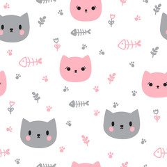 Obraz premium Cute seamless pattern with hand drawn cats. Background for little kids. Funny cartoon animals
