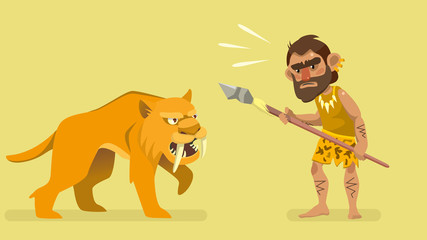 situation meeting primitive hunter and saber-toothed tiger. illustration for kids book. vector