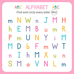 Find and circle every letter M. Worksheet for kindergarten and preschool. Exercises for children