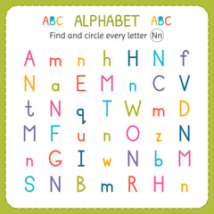 Find and circle every letter N. Worksheet for kindergarten and preschool. Exercises for children