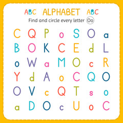 Find and circle every letter O. Worksheet for kindergarten and preschool. Exercises for children