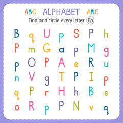 Find and circle every letter P. Worksheet for kindergarten and preschool. Exercises for children