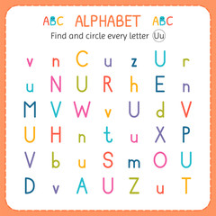 Find and circle every letter U. Worksheet for kindergarten and preschool. Exercises for children