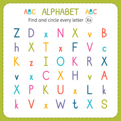 Find and circle every letter X. Worksheet for kindergarten and preschool. Exercises for children