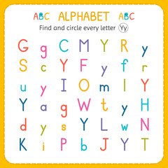 Find and circle every letter Y. Worksheet for kindergarten and preschool. Exercises for children
