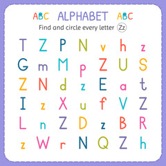 Find and circle every letter Z. Worksheet for kindergarten and preschool. Exercises for children