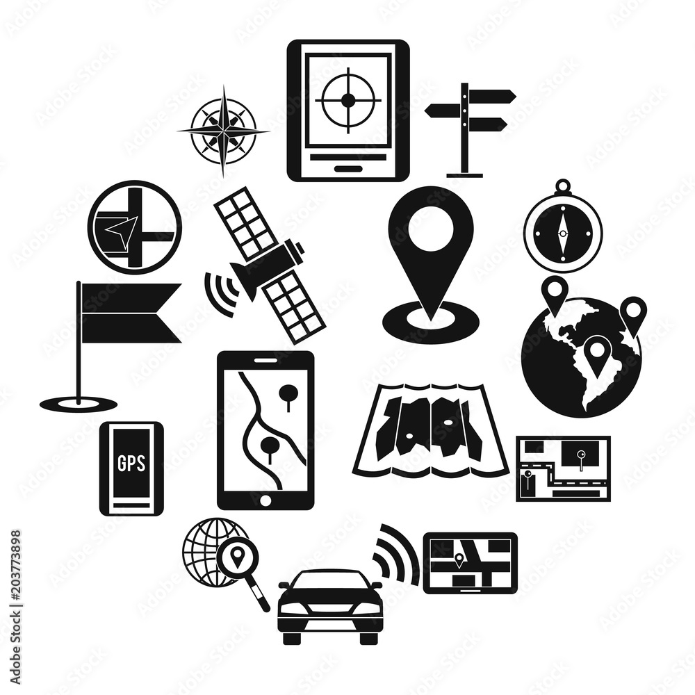 Poster navigation icons set in simple ctyle. location on terrain set collection vector illustration