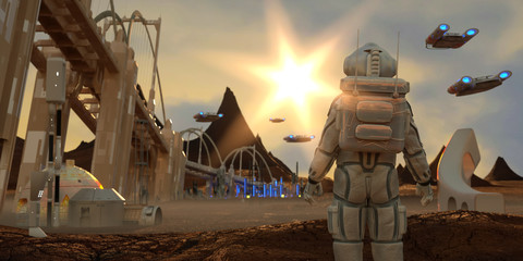 3D Illustration of Space station on Mars colony of pioneers future city © de Art