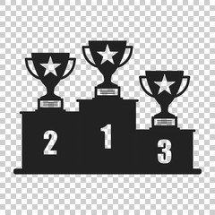 Winners podium with trophy icon in flat style. Pedestal illustration on isolated transparent background. Gold, silver and bronze award sign concept.