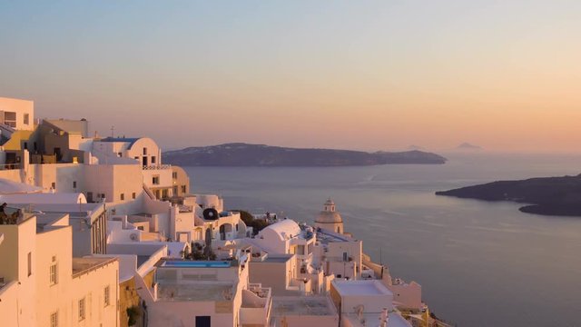 View of Thira town in Santorini Island at sundown, Greece