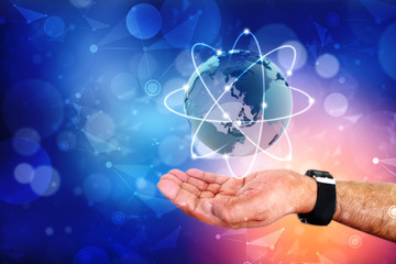 2d illustration Network community concept . Mixed media, Businessman Holding the Globe with Network