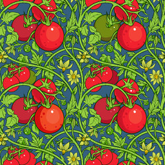 pattern of tomato branch in a garden. Red and green.