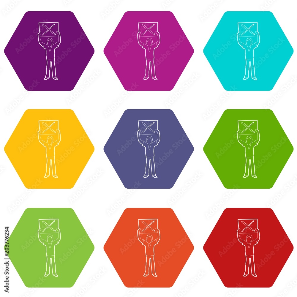 Poster man protest with sign icons 9 set coloful isolated on white for web