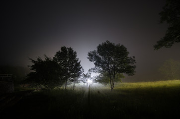 Beautiful night landscape of big full moon rising over the mountain road with hill and trees, mystical concept