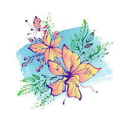 Bright fantasy hand drawn flowers on watercolor background. 