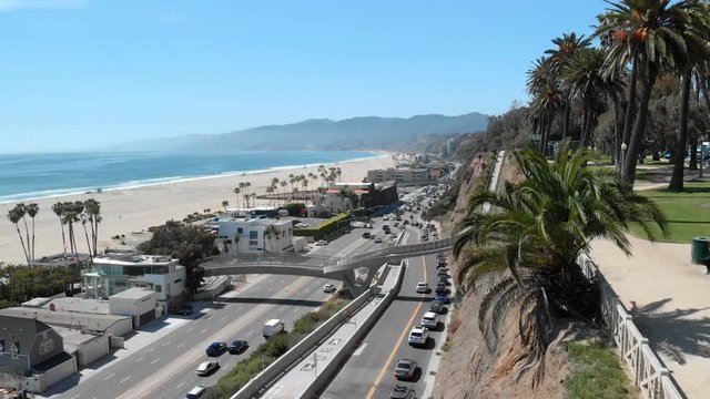 Santa Monica Aerial Shot of West Coast Resort and Freeway California USA