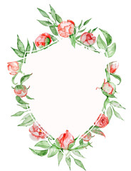 Watercolor crest Romantic frame with flowers Card template.