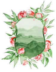 Fototapeta premium Watercolor crest Romantic frame with flowers Card template.