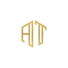 Initial letter AT, minimalist line art hexagon shape logo, gold color