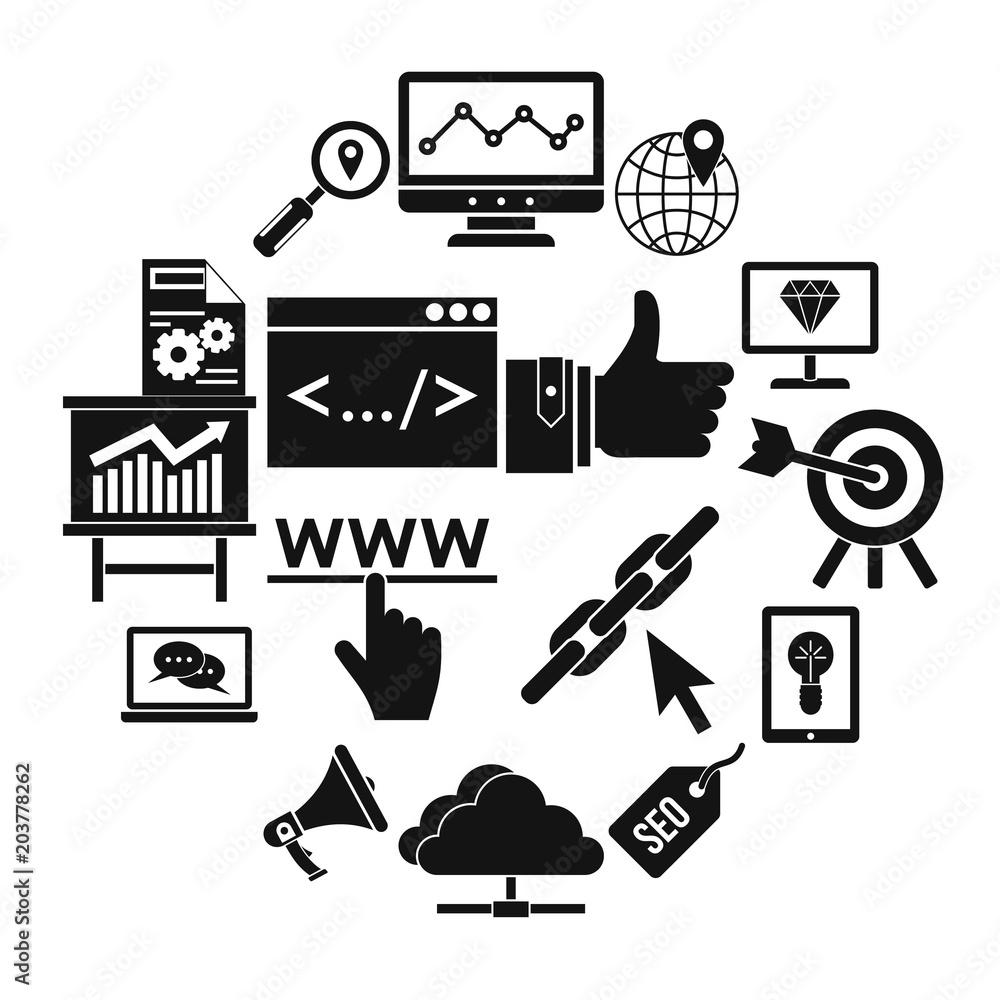 Poster seo icons set in simple style. internet services set collection vector illustration