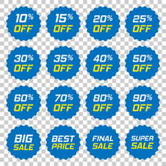 Discount stickers vector icon in flat style. Sale tag sign illustration on isolated transparent background. Promotion 10, 15, 20, 25, 30, 35, 40, 50, 60, 70, 80, 90 percent discount concept.
