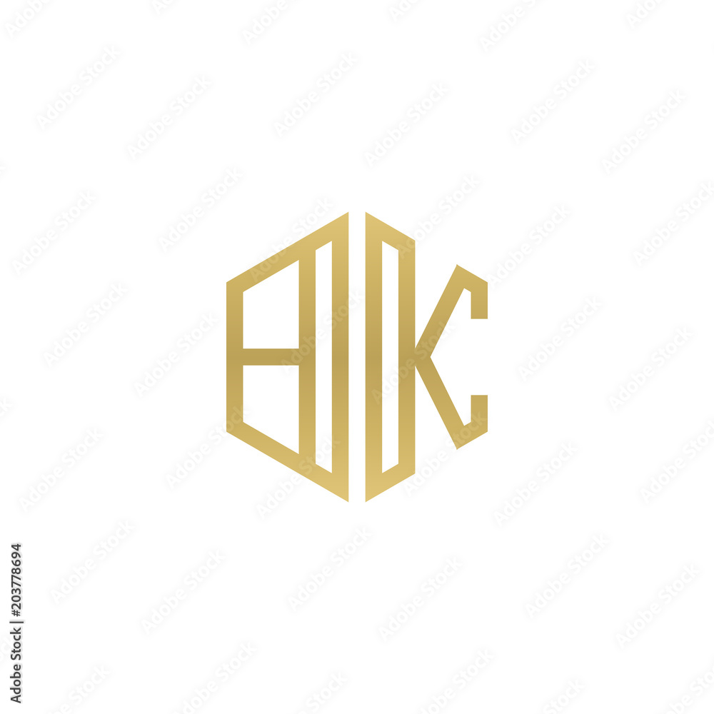 Wall mural initial letter bk, minimalist line art hexagon shape logo, gold color