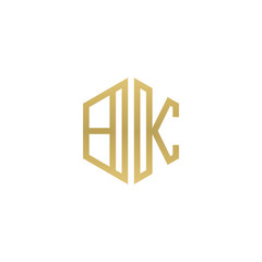 Initial letter BK, minimalist line art hexagon shape logo, gold color