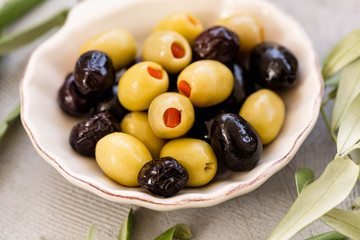 Black and green olives