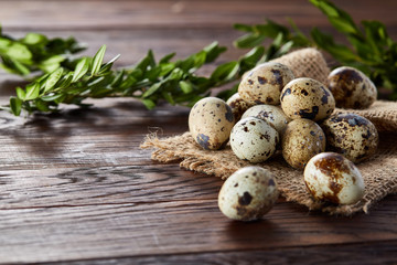 Quail eggs arranged in pyramid on a napkin with boxwood branches over a wooden table, close-up, selective focus.