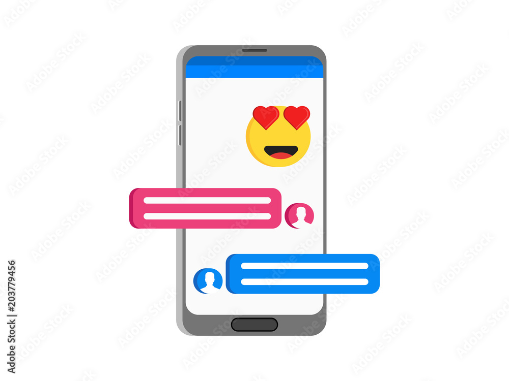 Poster message conversation bubbles on a smartphone screen , sms notification chat vector emoji isometric i