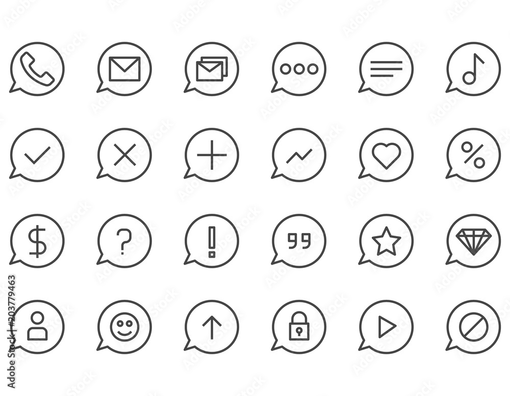 Poster set of bubble message related vector line icons. contains such icons as conversation, sms, notificat