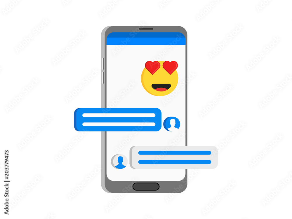 Poster message conversation bubbles on a smartphone screen , sms notification chat vector emoji isometric i