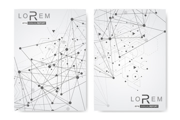 Scientific brochure design template. Vector flyer layout, Molecular structure with connected lines and dots. Scientific pattern atom DNA with elements for magazine, leaflet, cover, poster design.