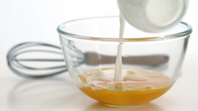 Preparation of an omelette. Mixing eggs and milk for omelette