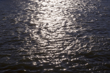reflections of evening sun on rippled water in the river. background, texture, nature