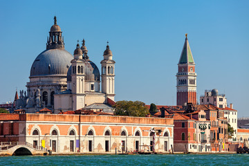 Santa Maria della Salute and St. Mark's Campanile in Venice, Italy.