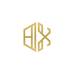 Initial letter BX, minimalist line art hexagon shape logo, gold color