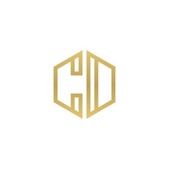 Initial letter CD, CO, minimalist line art hexagon shape logo, gold color