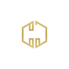 Initial letter CJ, minimalist line art hexagon shape logo, gold color