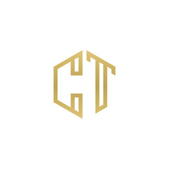 Initial letter CT, minimalist line art hexagon shape logo, gold color