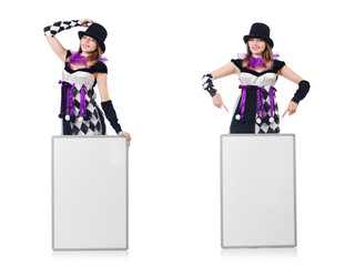 Girl in harlequin costume isolated on white