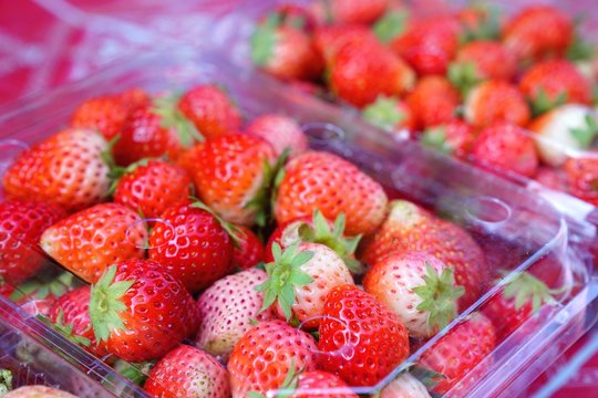 Fresh strawberry in plastic box of packaging for sell