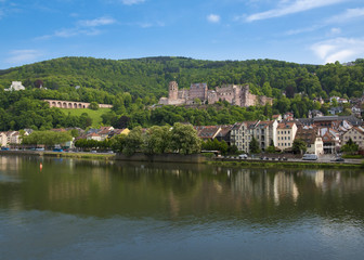 Fototapeta na wymiar View over the Nekar to the Heidelberg Castle and the old town_Heidelberg, Baden Wuerttemberg, Germany
